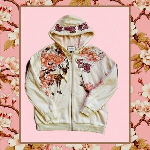 Ed Hardy Cream Zip Hoodie W Pink Cherry Blossom Lotus& Deer Solid Swarovski SZ L